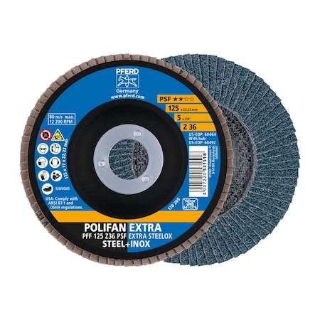 Pferd 5" x 7/8" A.H. POLIFAN Flap Disc - Z PSF EXTRA STEELOX, Zirconia, 36 Grit, Flat 60464